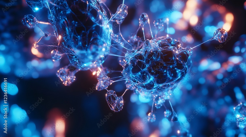 Poster abstract image of glowing virus structures with dark blue background and light bokeh effect