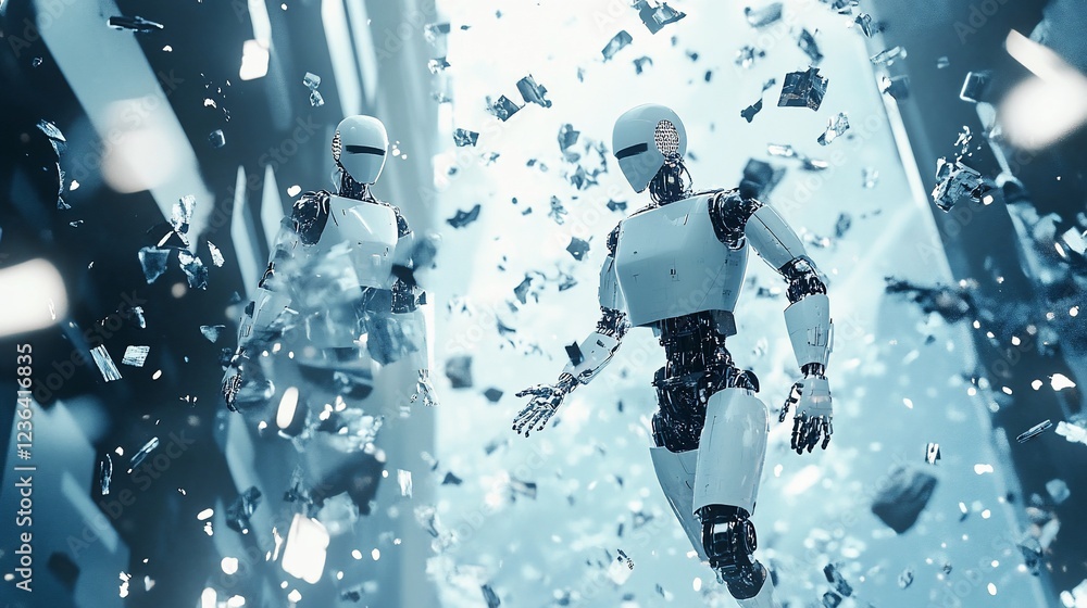 Poster two white and black robots surrounded by floating debris in a futuristic setting