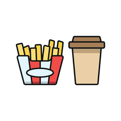 Drink and fried fries set food icon in flat style, featuring a refreshing beverage in a cup with a straw and a crispy serving of golden french fries.