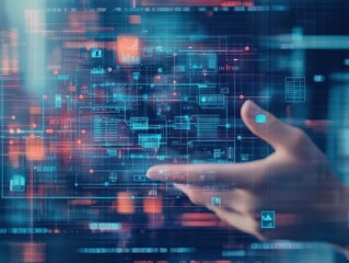 Fototapeta premium A Person's Hand Gently Interacting with a Futuristic Digital Interface Displaying Colorful Graphics and Data Representations in an Innovative Environment