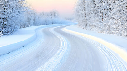 Obraz premium Winding snowy road through winter forest at sunrise