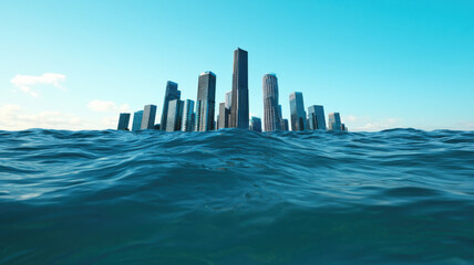 futuristic city skyline partially submerged in clear blue water, Global Warming and Climate Crisis Themed