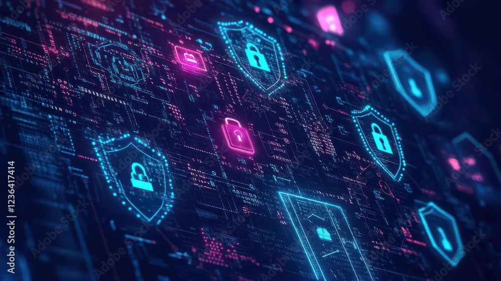 Poster vibrant blue and pink background with abstract data symbols illustrating technology and innovation i