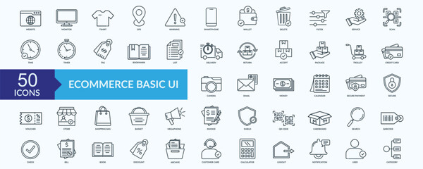 Ecommerce basic UI icon collection set with website, monitor, service, barcode, notification