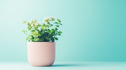 Photograph of a pink ceramic pot with green leaves and small flowers on a light blue background, symbolizing growth in business. 