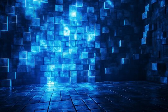 A dark room with a wall background made up of blue bricks and a dark floor, with light shining on it.