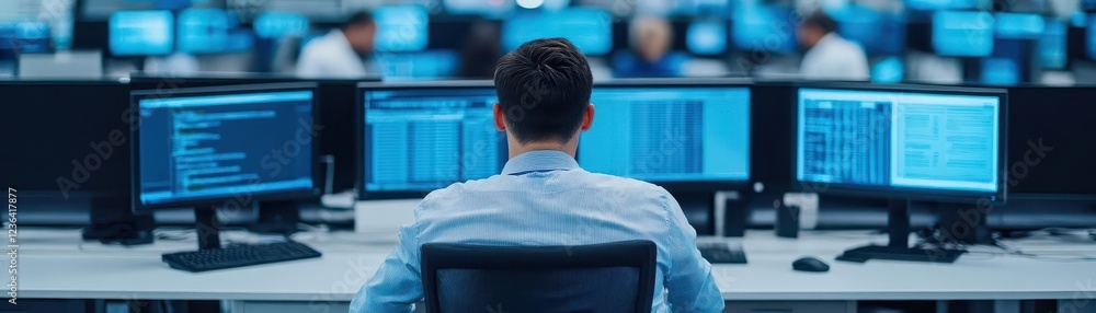 Poster focused professional man in blue shirt working at desk surrounded by multiple monitors for enhanced 
