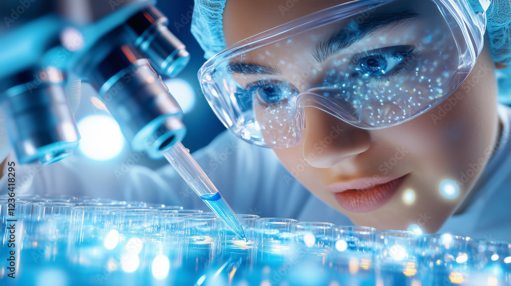 Poster a scientist wearing protective gear is focused on examining samples under a microscope while careful