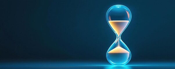 A glowing blue hourglass with sand, time management techniques office space conceptual image digital environment close-up time efficiency