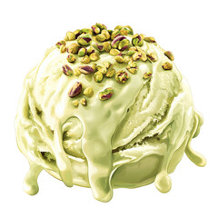 Obraz premium transparent background, PNG, A scoop of pistachio ice cream with crushed pistachio toppings, smooth and rich texture, subtle melting effect