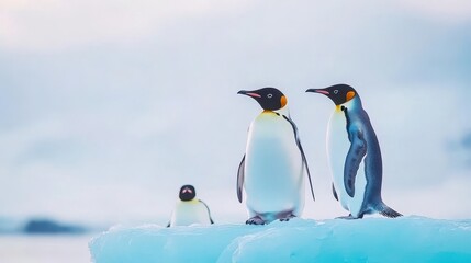Fototapeta premium Two Adorable Penguins Standing Together on a Floating Iceberg in a Bright Arctic Landscape Creating a Playful and Tranquil Wildlife Scene