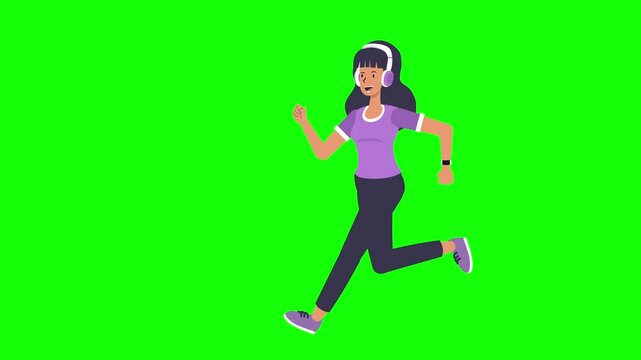GreenScreen Girl Running Wearing HeadPhones  Hear Music Seamless Loop 4k 2D Animation
