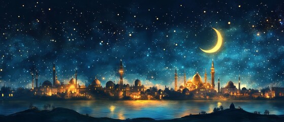 Fototapeta premium A Picturesque City Skyline At Night, Illuminated Under A Crescent Moon And Starry Sky.