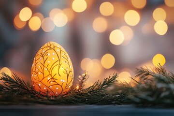 Golden egg in nest surrounded by warm holiday lights for festive atmosphere