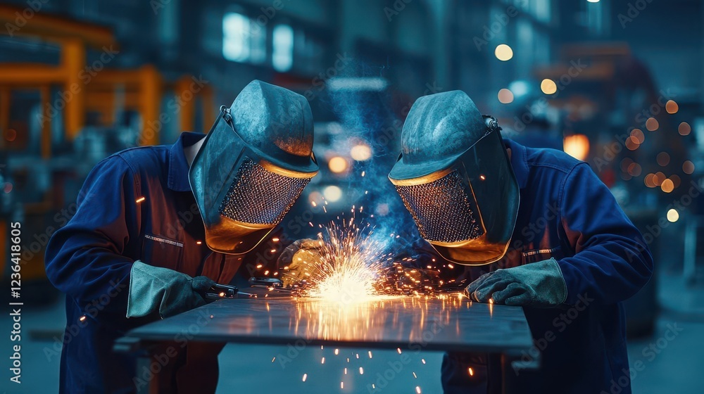 Leinwandbilder Two Skilled Welders Engaged in Precision Metalwork Inside a Busy Industrial Factory Creating Sparks in a Dynamic and Productive Work Environment
