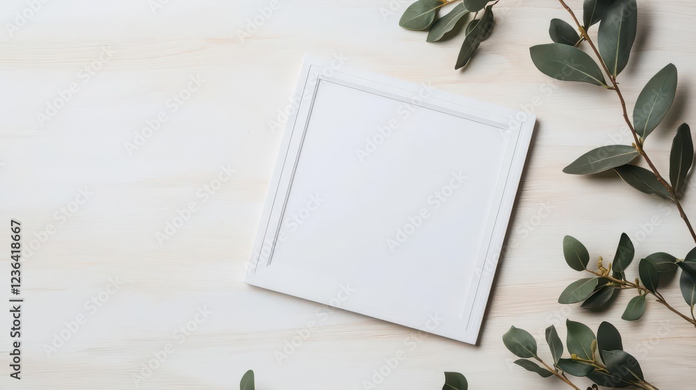 Aufkleber elegant white frame displaying eucalyptus leaves on a rustic white wooden surface creating a fresh a