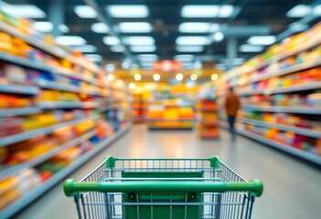 Grocery Shopping Cart in Supermarket Aisle