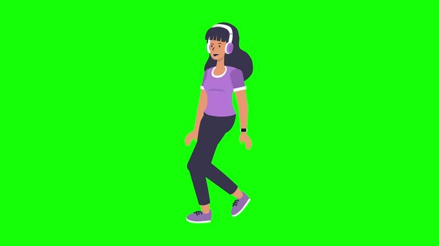GreenScreen Girl Walking Wearing HeadPhones  Hear Music Seamless Loop 4k 2D Animation