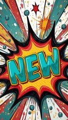 Obraz premium A vibrant comic book explosion bursts forth with the bold word NEW at its center, surrounded by colorful splashes and dynamic lines. This eye-catching design radiates energy and excitement, perfect
