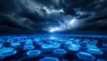 Glowing Hexagon Network Under Stormy Sky