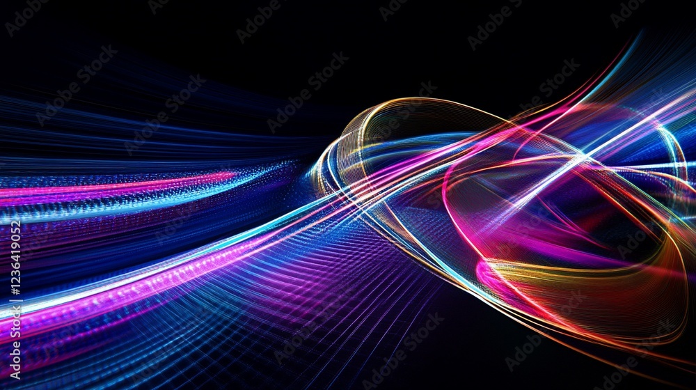 Poster abstract light trails with vibrant colors on a black background creating a futuristic pattern
