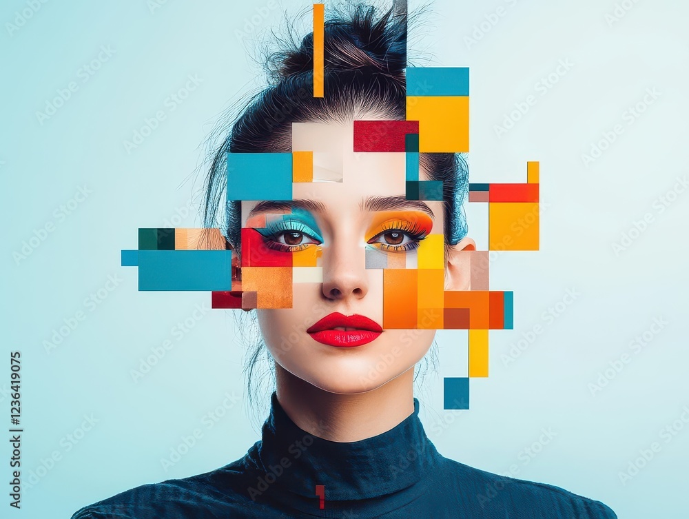 Aufkleber a woman adorned with vibrant colorful squares on her face exuding artistic expression and creativity