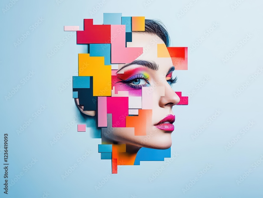 Poster woman's face adorned with vibrant colorful squares creating an artistic and expressive visual repres