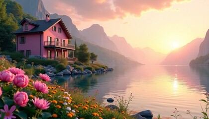  Close-Up of Vibrant Pink Flowers Adorning a Lakeside Villa, Set Against the Stunning Backdrop of Majestic Mountains