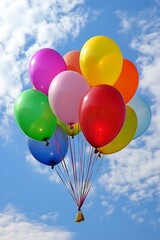 A colorful bunch of balloons floating in the blue sky, with clouds in the background. The colors include reds and pinks for the balloon and various shades of green yellow purple orange white blue. 