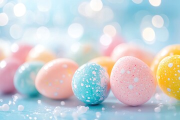 Colorful dotted easter eggs on pastel blue background with bokeh effect