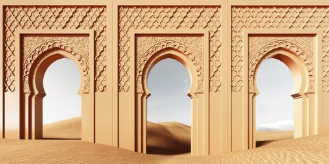Ornate Arabic arch standing in the desert - 3d render. Luxurious Islamic design with a surreal aesthetic, ideal for Ramadan, Eid, and spiritual concepts.