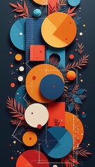 Obraz premium An eye-catching arrangement of colorful geometric shapes, including circles and squares, creates a striking visual impact against a dark background. The interplay of orange, blue, and white elements