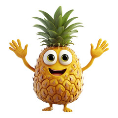 Cute pineapple character with big eyes and hands on transparent background, radiating joy and happiness