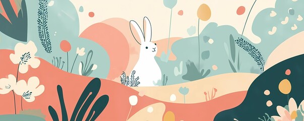 Fototapeta premium Hand-Drawn Easter Bunny Floral Banner: Cute and Warm Background Illustration