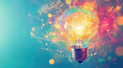 Colorful lightbulb idea, network connections, innovation, bright background, website header