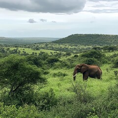 African Elephant in Lush Green Savanna Landscape