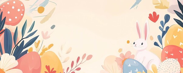 Hand-Drawn Easter Bunny Floral Banner: Cute and Warm Background Illustration