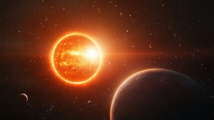 Fototapeta premium stunning view of glowing sun surrounded by planets in space, showcasing beauty of astrophotography and vastness of universe