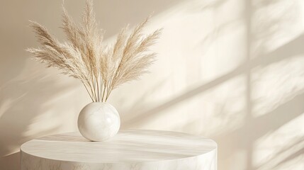 Naklejka premium White marble table with golden decoration and pampas grass on a beige background, a mock-up scene for product presentation display 