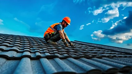 A construction worker in an orange vest and helmet installs tiles on a roof under a bright sky.