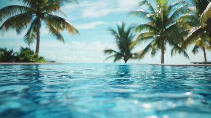 Fototapeta premium Tropical Infinity Pool with Palm Trees and Ocean View Summer Vacation Concept 
