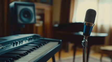 Studio microphone, keyboard, piano, recording, home