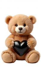 Cute plush teddy bear holding a black heart  isolated on a white background