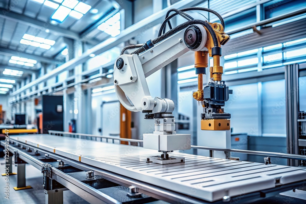 Poster robotic arm assembling 3d printer on automated conveyor belt production line