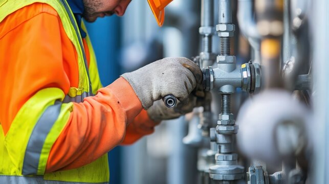 Technician carefully working on industrial pipeline system maintenance at plant