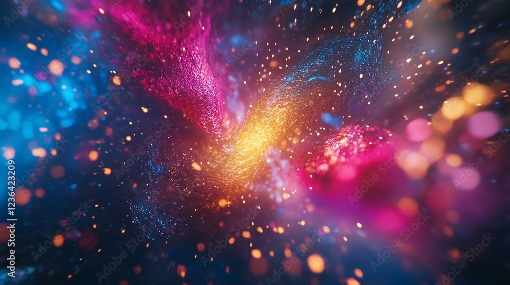 Poster a vibrant and dynamic abstract rendering of swirling cosmic particles in bright colors