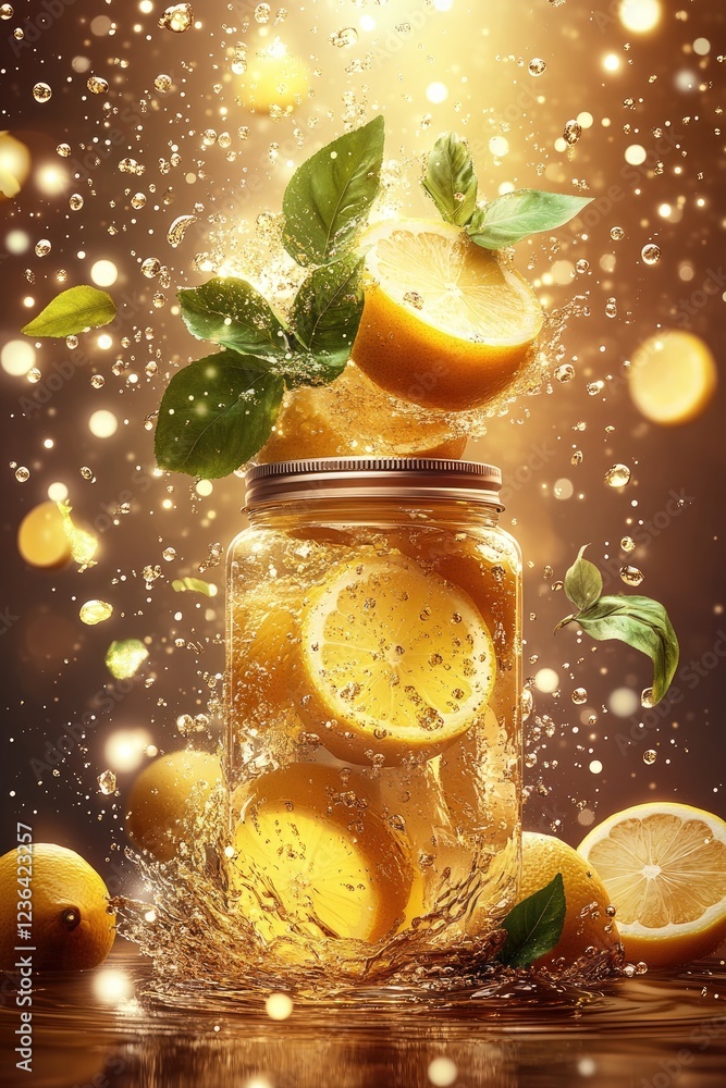 Poster fresh lemons splashing in a jar with bubbles and leaves, creating a vibrant, refreshing scene