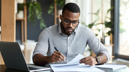 Obraz premium Thoughtful African American Man at Modern Desk with Report