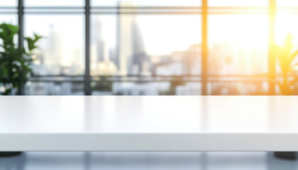 bright, empty white table in modern office setting with blurred city view in background, creating serene and professional atmosphere