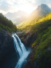 Waterfall in the mountains, beautiful natural scenery, fantasy landscape.